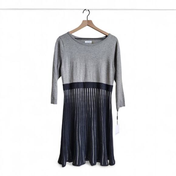 Calvin Klein Sweater Dress Pleated Contrast Skirt Size Large Gray Two Toned - Picture 3 of 9